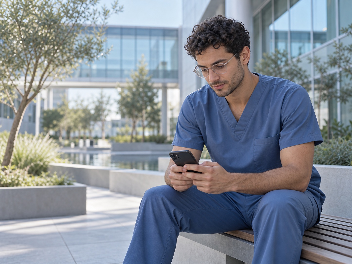 A nurse takes a quiet moment to read on his phone in a hospital courtyard