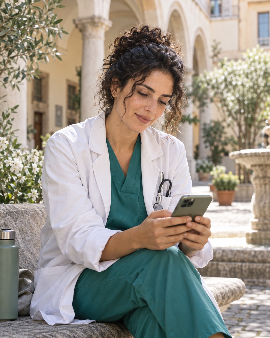 Una medica consulta lo smartphone durante una pausa nel cortile luminoso di un ospedale