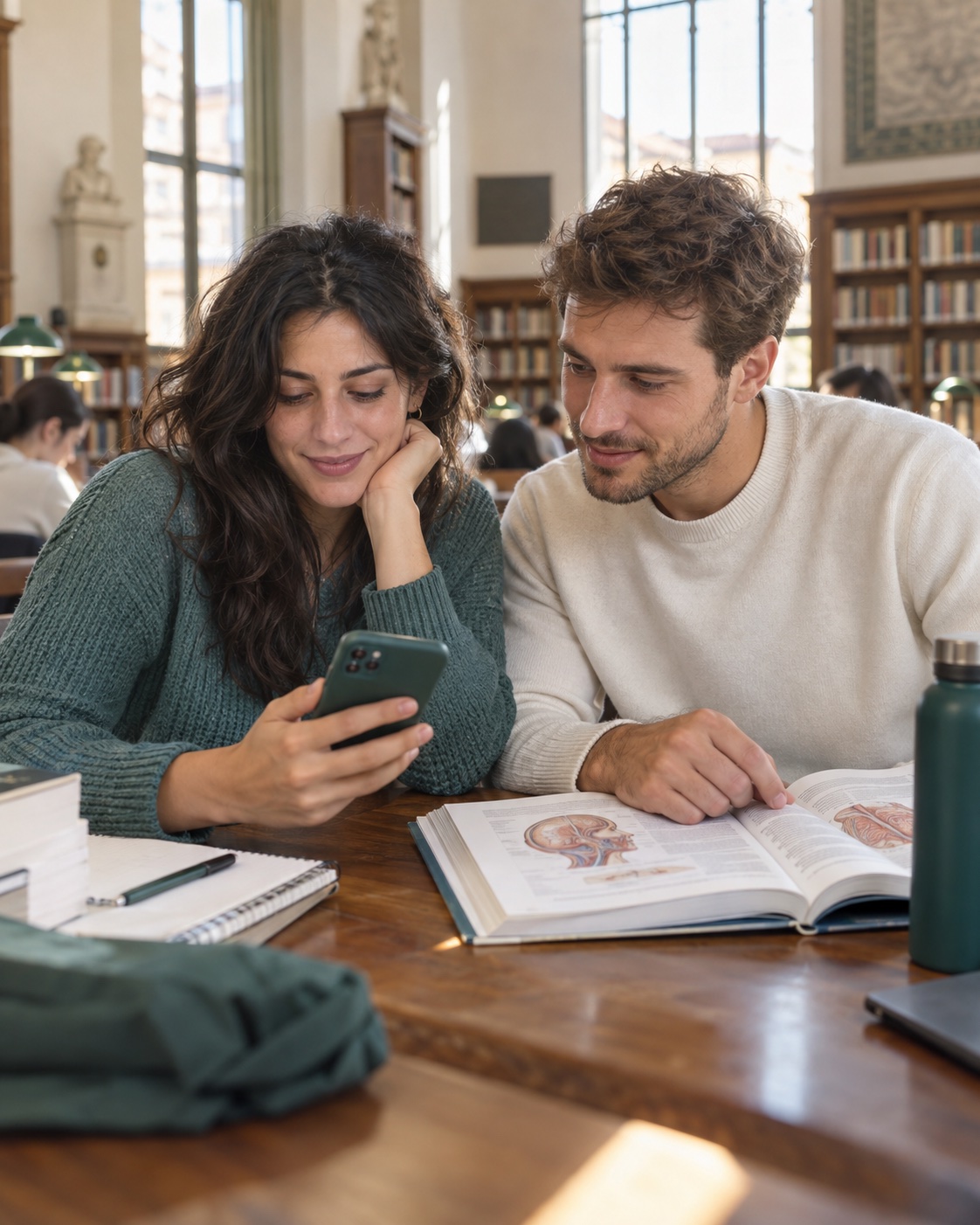 Dos estudiantes de medicina repasan juntos con un móvil y un libro