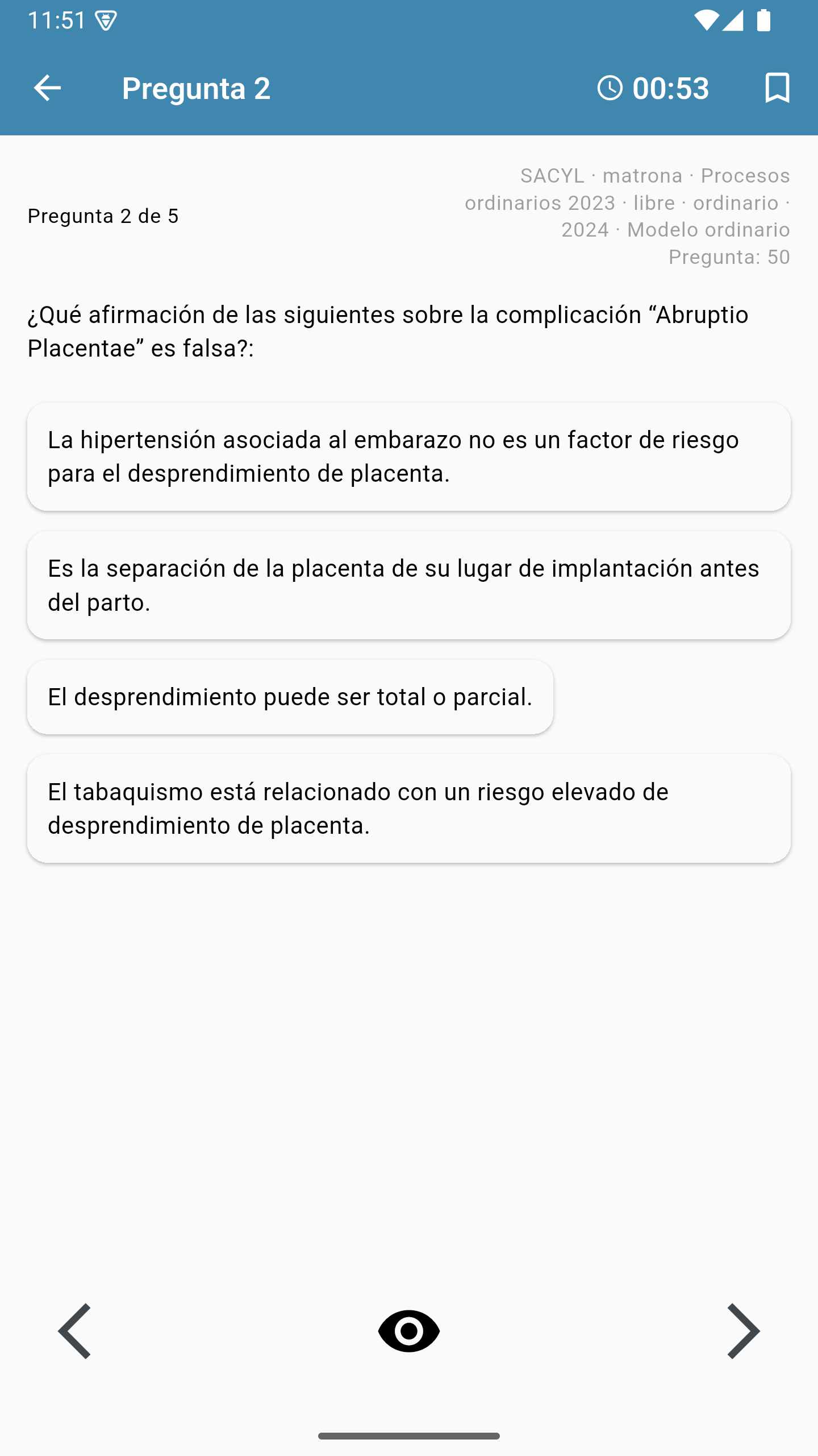 Captura real de OpeMeApp en Android: pregunta de matrona de SACYL sobre abruptio placentae, con cuatro opciones y cronómetro