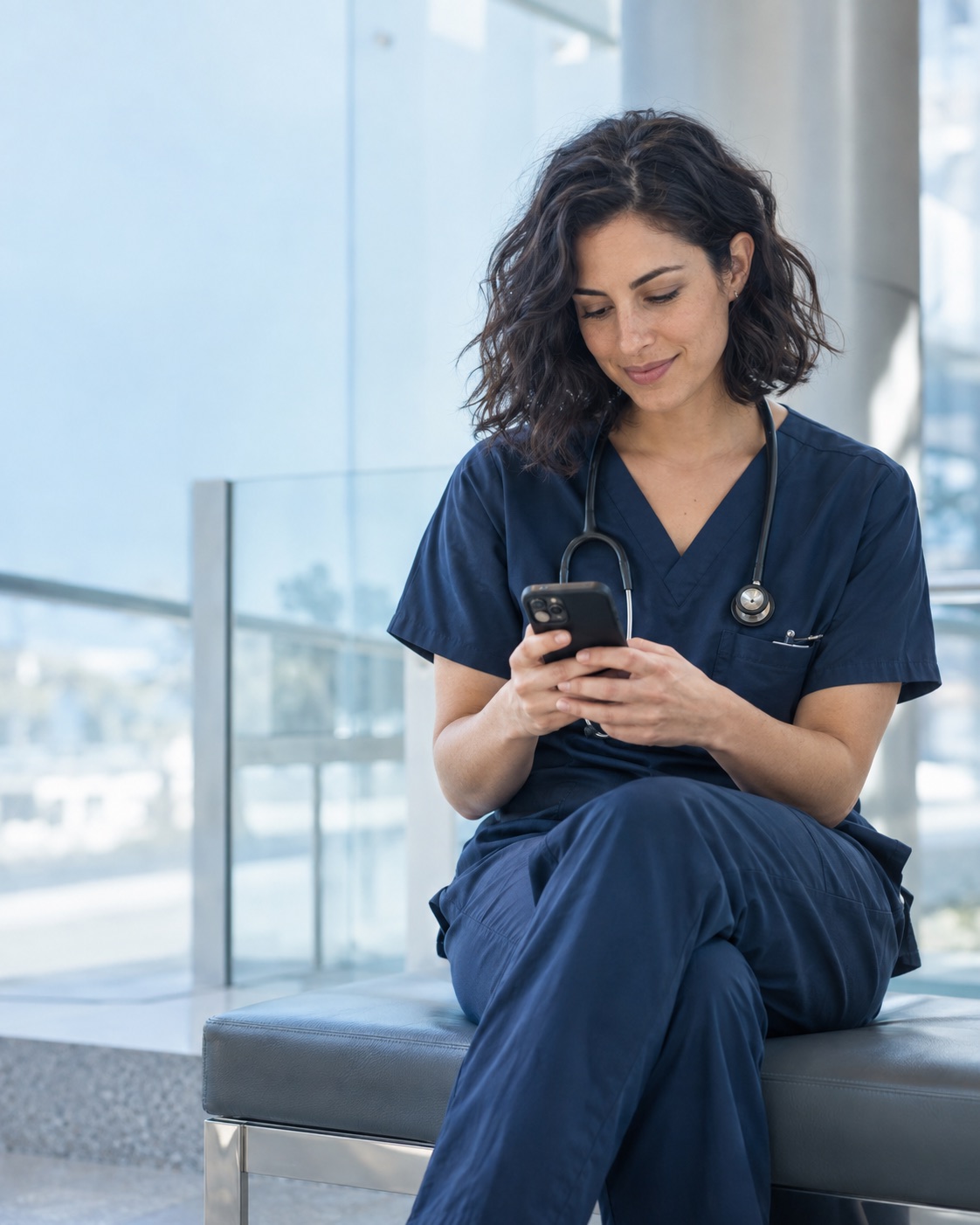 Una médica hace una pausa para consultar su móvil en un espacio luminoso del hospital